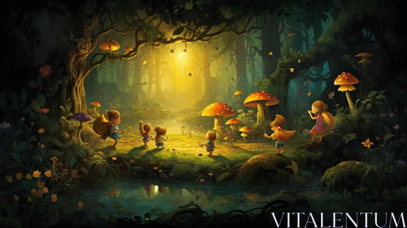 Enchanting Fairytale Forest Painting with Playful Character Design AI Image