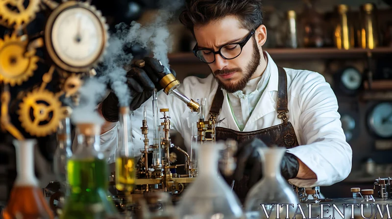 Man Working on Steampunk Device AI Image