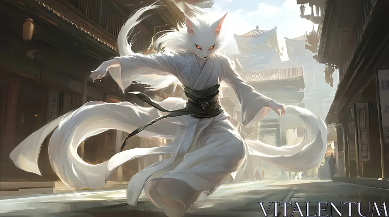 Mythical White Fox Warrior in Ancient Japan AI Image