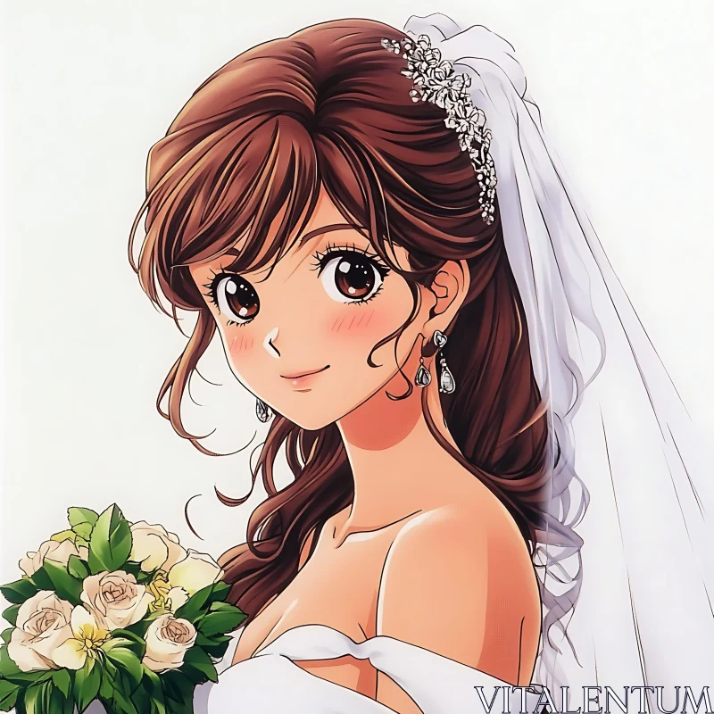 Anime Bride Holding Bouquet with Blush AI Image