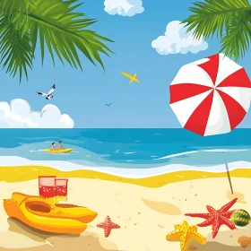 Cartoon Beach Scene with Kayaks and Umbrella