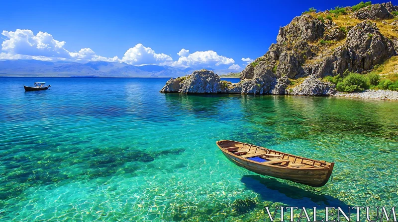 Picturesque Lake with Boat and Mountains AI Image