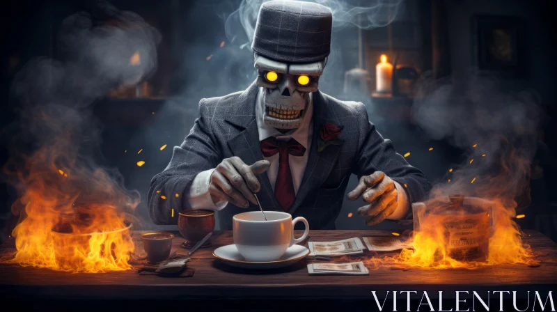 Skeleton at Coffee Table: A Tenebristic Cryptopunk Interpretation AI Image