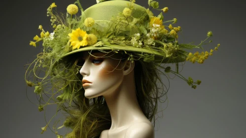 Striking Fashion Photography: Mannequin in Green Hat with Flowers