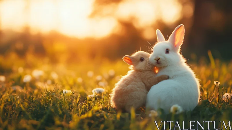 AI ART Two Rabbits Cuddling in a Field