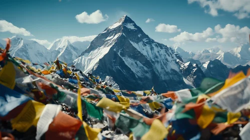 Mountain Peak with Colorful Flags