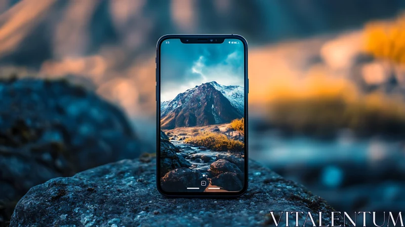 AI ART Phone Displaying Mountain Landscape