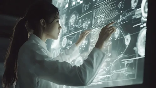 Woman Analyzing Data on Futuristic Screen