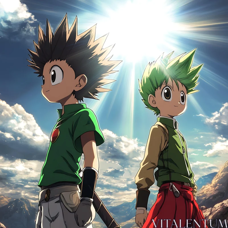 Anime Duo in Sunlit Mountains AI Image