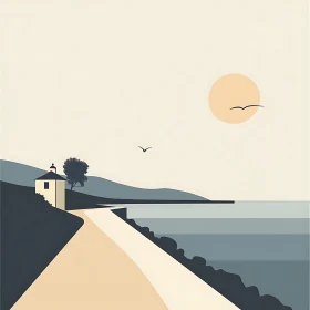 Minimalist Seascape with Path and Birds