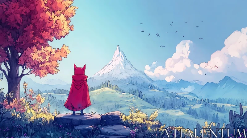 AI ART Red Cloak Contemplates Mountain Landscape