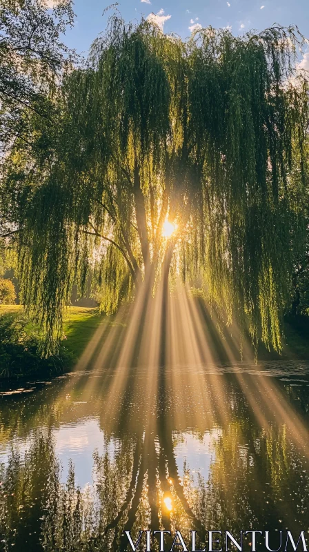 Serene Sunbeams through Willow Tree AI Image