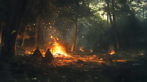 Forest Night Campfire Scene