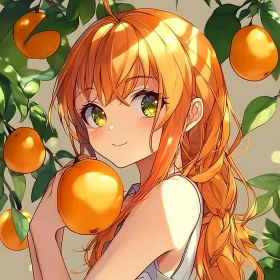 Youthful Anime Character Among Ripe Oranges