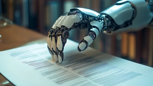 Cyborg Hand Examining Paperwork Automation