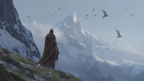 Lone Warrior Overlooking Snowy Peaks