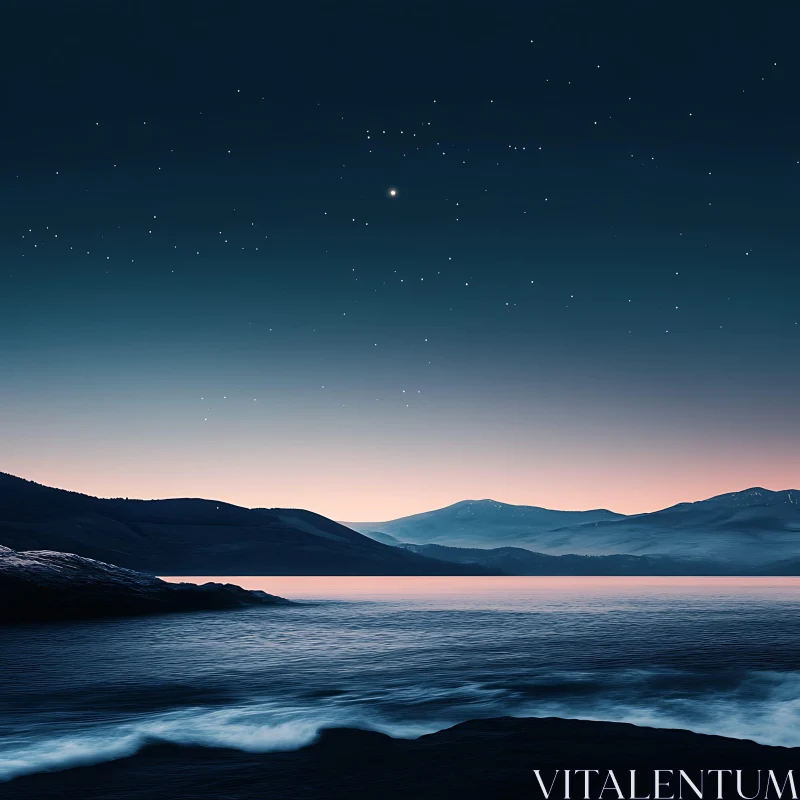 Serene Night Seascape with Mountains AI Image