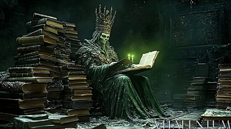 Crowned Skeleton Reading Books AI Image