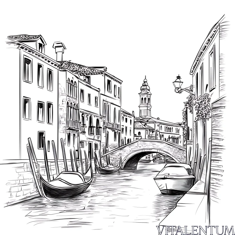 Venetian Canal Scene in Black and White Sketch AI Image