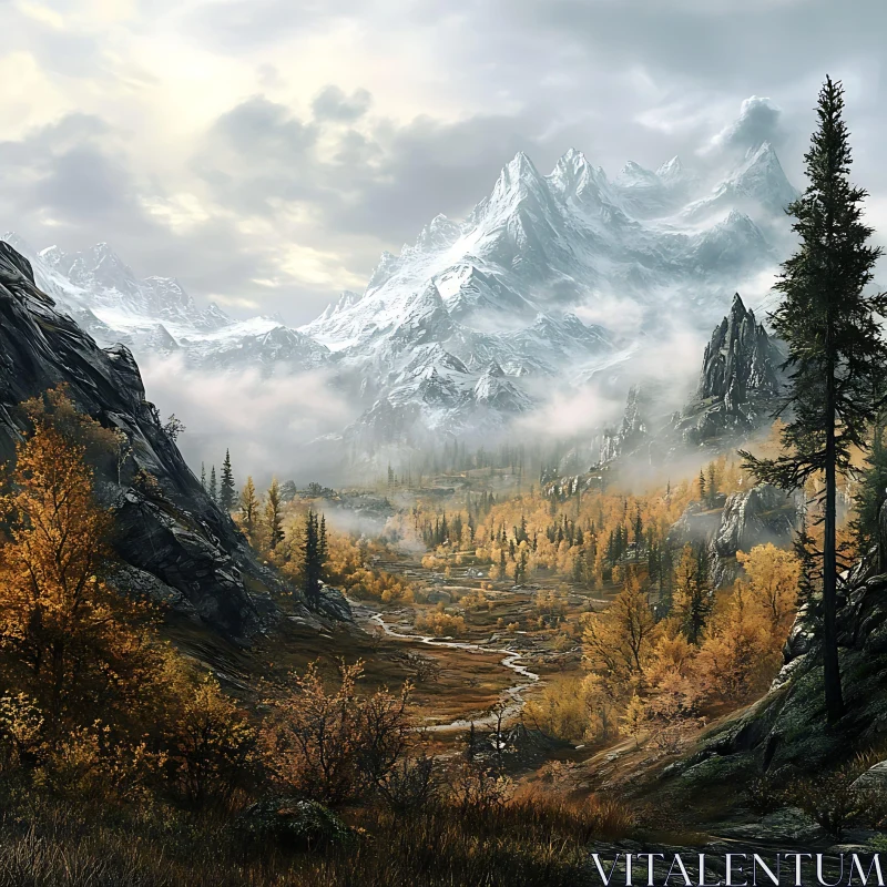 AI ART Snowy Peaks and Golden Valley View