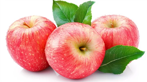 Three Red Apples with Green Leaves