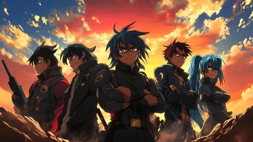 Dynamic Anime Team with Vibrant Sunset Backdrop