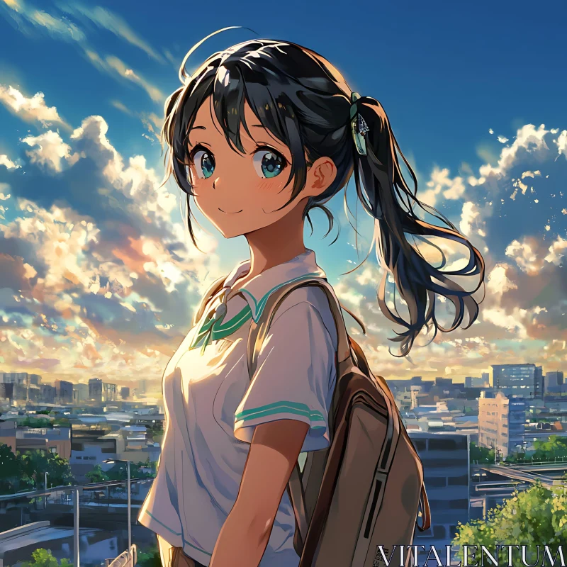 Anime City Sunset with Smiling Girl AI Image