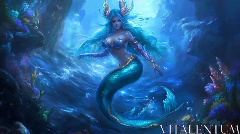 AI ART Blue-Haired Mermaid Underwater Fantasy Scene