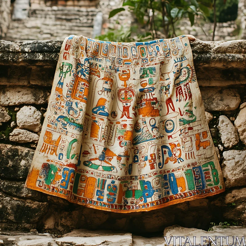 Historical Textile Displayed on Stone Structure AI Image