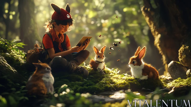 AI ART Child Reading with Bunnies in Forest