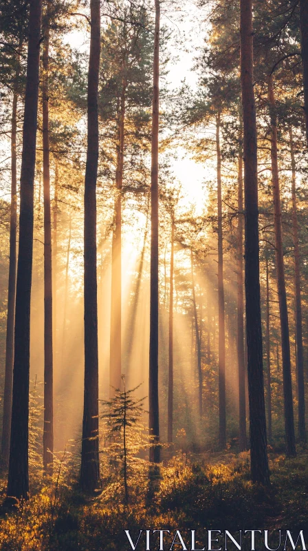 Peaceful Forest Bathed in Morning Sunlight AI Image