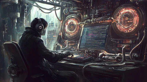 Masked Hacker Coding in Futuristic Control Room