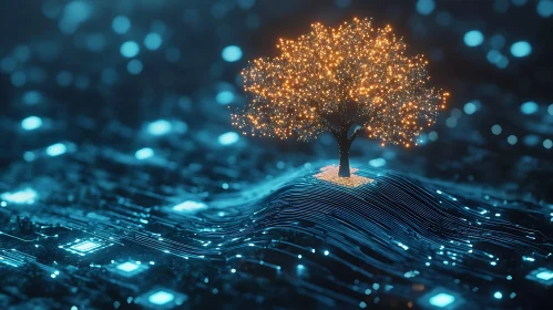 Glowing Tree on Circuit Board