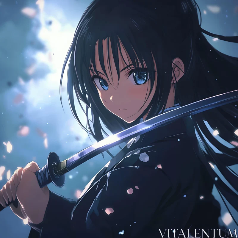 Epic Anime Warrior with Sword and Luminescent Petals AI Image