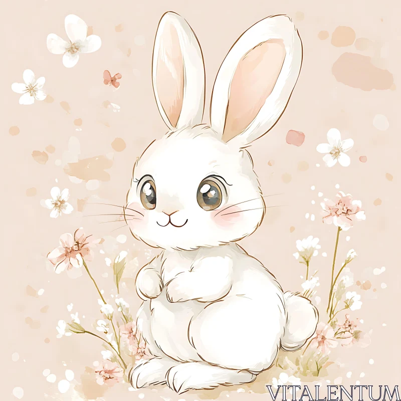 Cartoon Bunny with Floral Illustration AI Image