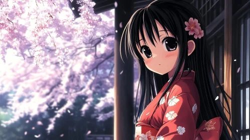 Springtime Harmony: Anime Girl in Traditional Attire Amid Cherry Blossoms