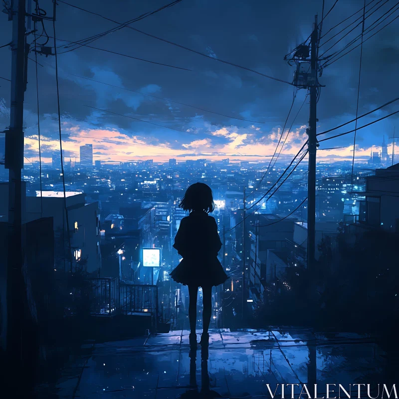 Lonely Figure Overlooking City at Night AI Image