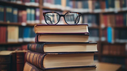 Stacked Books with Eyeglasses in Library