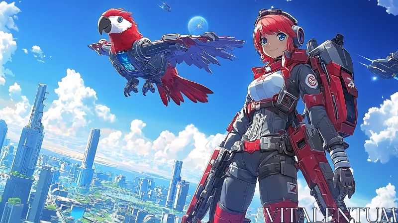 Cyber Armored Anime Character and Robotic Parrot Over Futuristic City AI Image