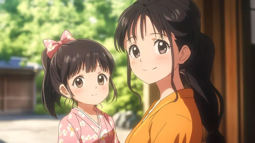 Anime Mother and Daughter in Kimonos