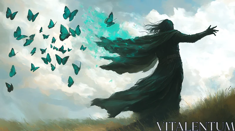 Fantasy Art: Cloaked Figure and Butterflies AI Image