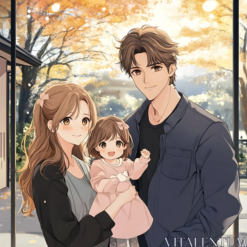 Heartwarming Family Illustration with Autumn Leaves AI Image