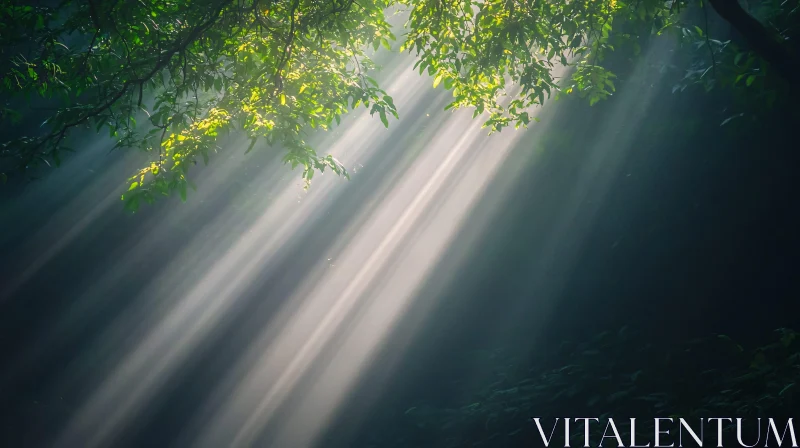 Sunbeams in a Green Forest AI Image