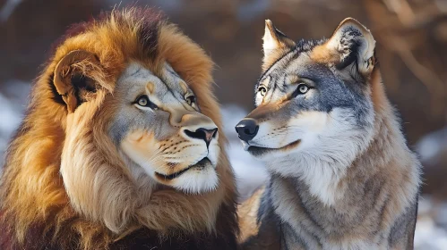 Portrait of Lion and Wolf Side-by-Side