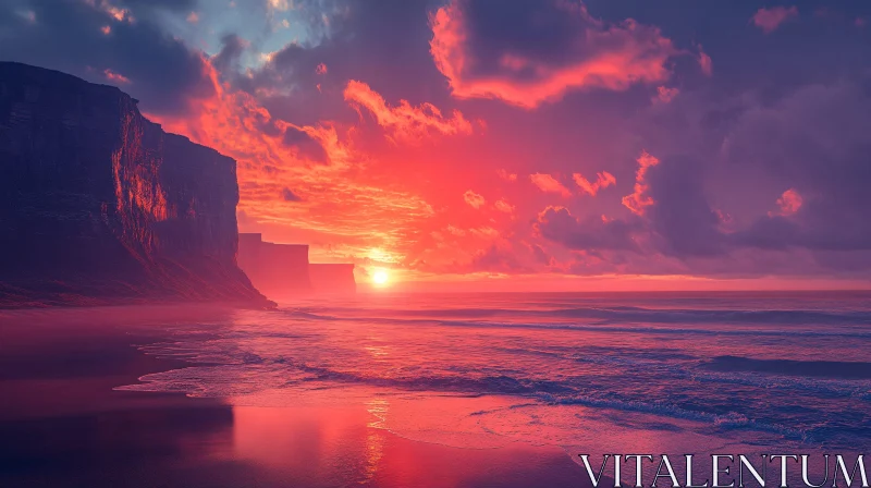 Serene Beach Sunset with Cliffs and Vibrant Clouds AI Image