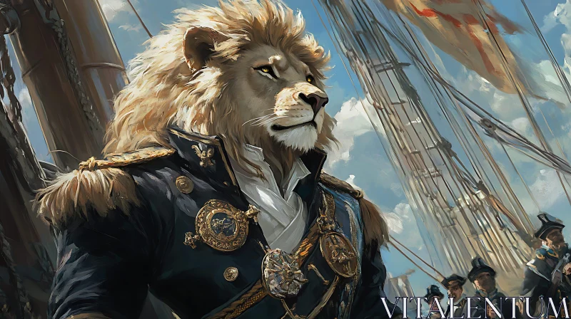 Regal Lion in Naval Uniform on Ship AI Image