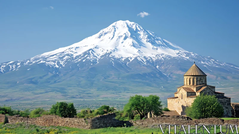 Snowy Mountain and Historical Church AI Image