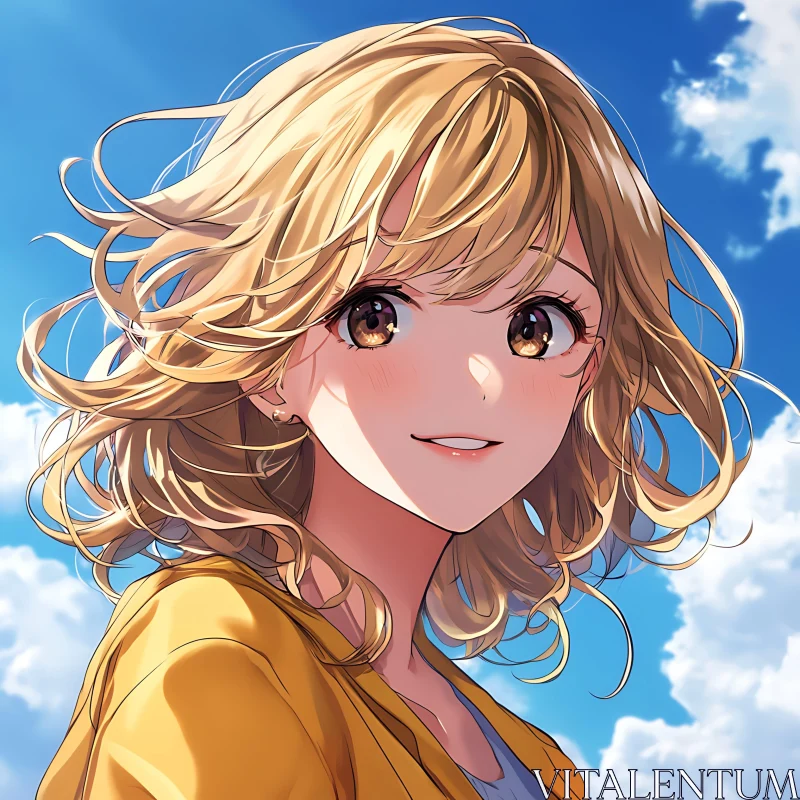 Cheerful Blond Anime Girl Under Bright Sky AI Image