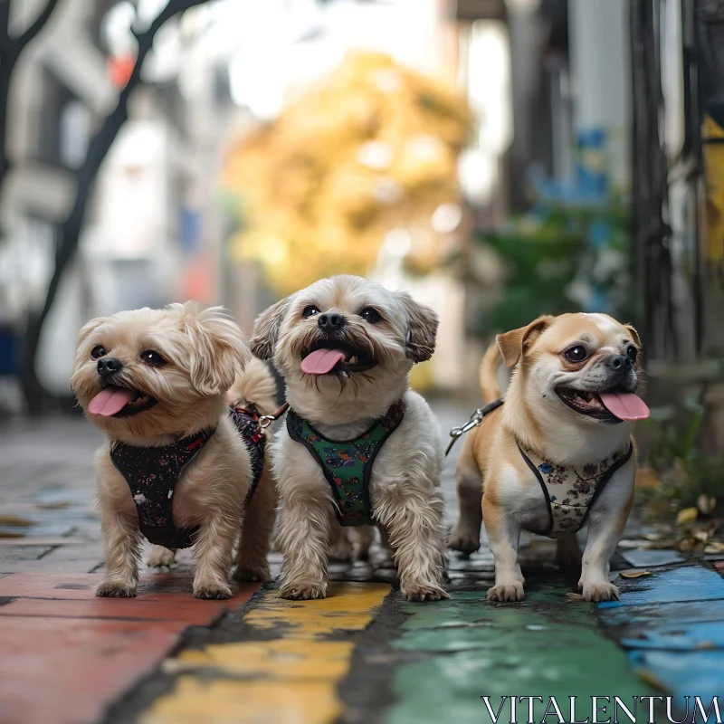 Charming Small Dogs Strolling Down a Vibrant Cobblestone Path AI Image