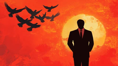 Man in Suit with Birds Silhouette